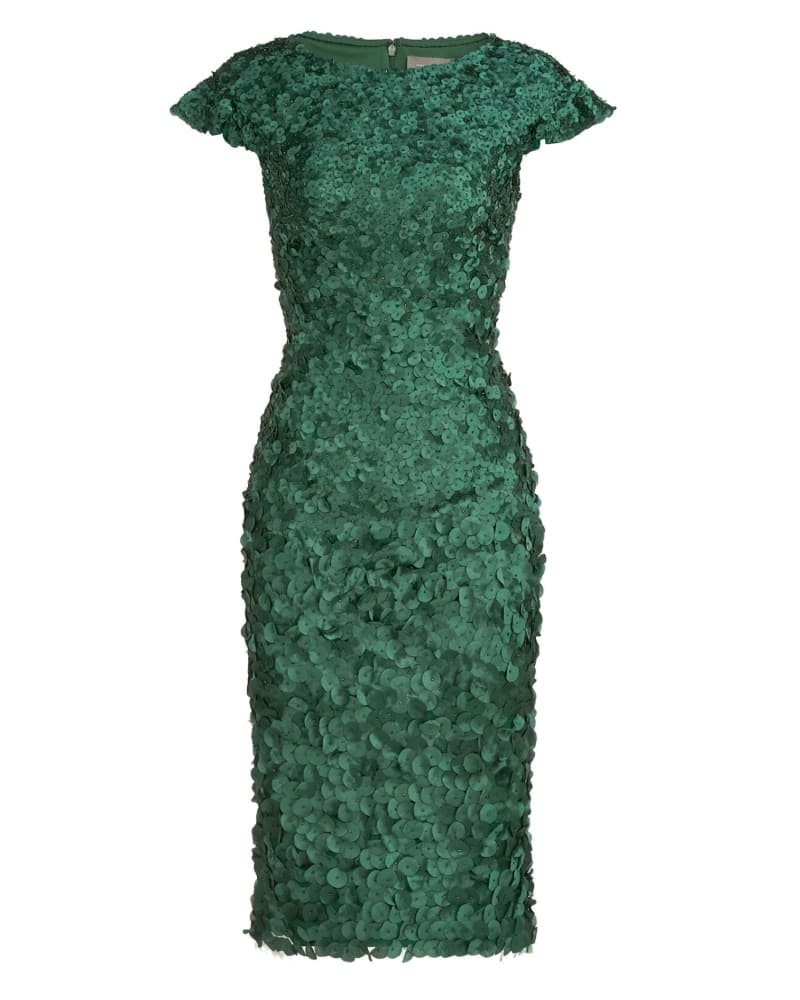Front of a model wearing a size 10 Ruffle Sleeve Petal Cocktail Dress In Pine in Pine by THEIA. | dia_product_style_image_id:355379